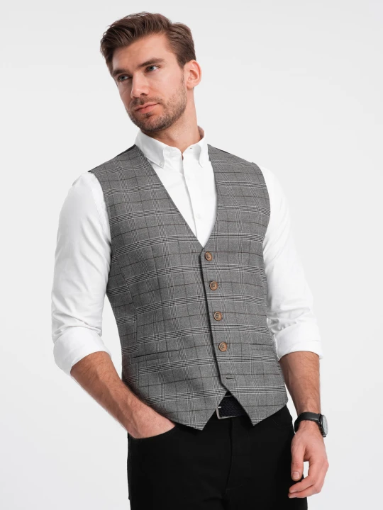 Zdjęcie produktu Męska kamizelka SLIM FIT z łączonych materiałów w kratkę – grafitowa V2 Ombre Clothing grafitowy