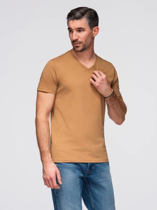 Zdjęcie produktu Męska klasyczna bawełniana koszulka z dekoltem w serek BASIC – brązowa V9 Ombre Clothing