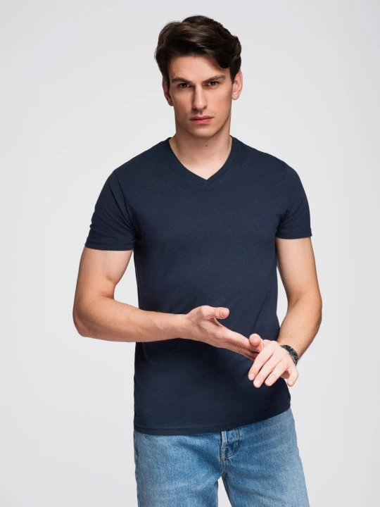 Zdjęcie produktu Męska klasyczna bawełniana koszulka z dekoltem w serek BASIC – granatowa V2 Ombre Clothing