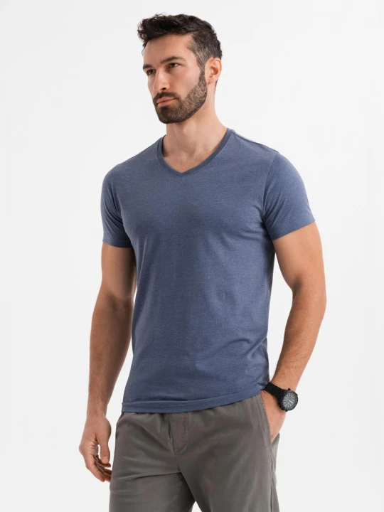 Zdjęcie produktu Męska klasyczna bawełniana koszulka z dekoltem w serek BASIC – niebieski melanż V18 Ombre Clothing