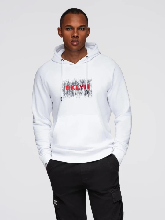 Zdjęcie produktu Męska klasyczna bluza kangurka z nadrukiem - biała V1 - Rozmiar: XL Ombre Clothing