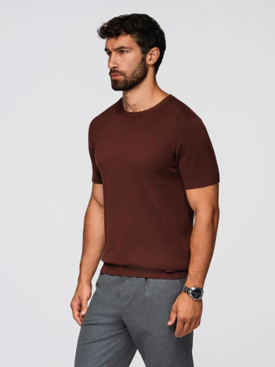 Zdjęcie produktu Męska klasyczna dzianinowa koszulka męska ze ściągaczami– ciepłobrązowa V4 - Rozmiar: S Ombre Clothing brązowy