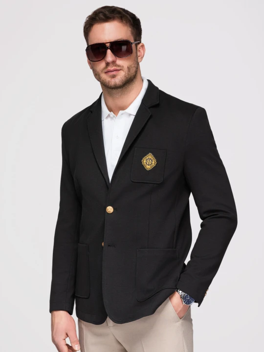 Zdjęcie produktu Męska klasyczna marynarka slim fit ze złotymi guzikami i emblematem Heritage - czarna V2 - Rozmiar: L Ombre Clothing
