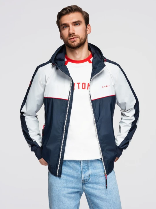 Zdjęcie produktu Męska kontrastowa kurtka wiatrówka z kapturem - granatowo-biała V1 - Rozmiar: S Ombre Clothing
