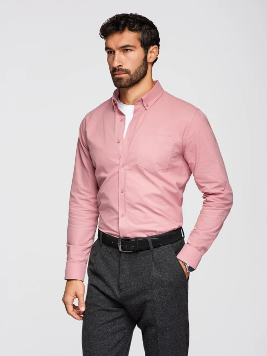 Zdjęcie produktu Męska koszula bawełniana REGULAR FIT z kieszenią - różowa V3 - Rozmiar: L Ombre Clothing