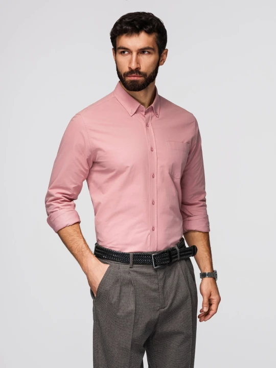 Zdjęcie produktu Męska koszula bawełniana REGULAR FIT z kieszenią - różowa V3 - Rozmiar: L Ombre Clothing