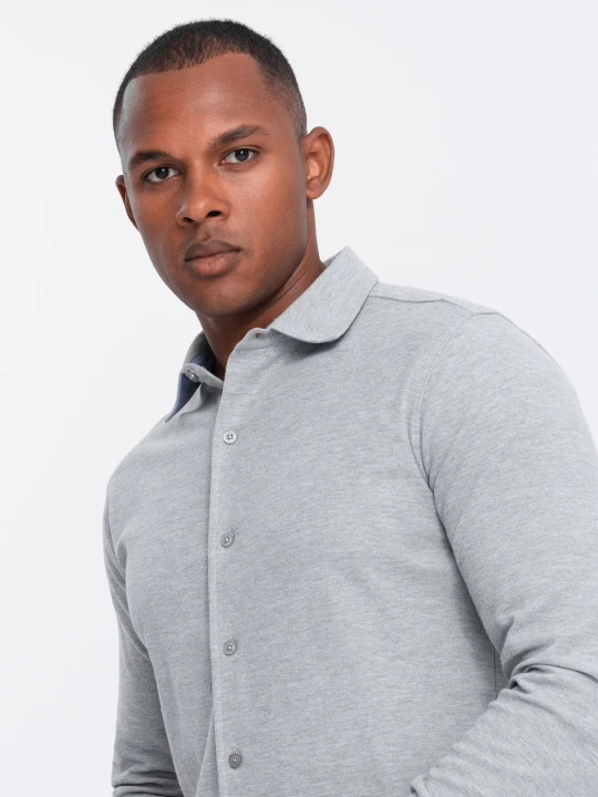 Zdjęcie produktu Męska koszula dzianinowa SLIM FIT z długim rękawem – szara V5 - Rozmiar: XXL Ombre Clothing czarny