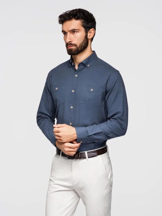 Zdjęcie produktu Męska koszula lniana z klasycznym kołnierzykiem i kieszeniami REGULAR FIT – niebieska V4 Ombre Clothing
