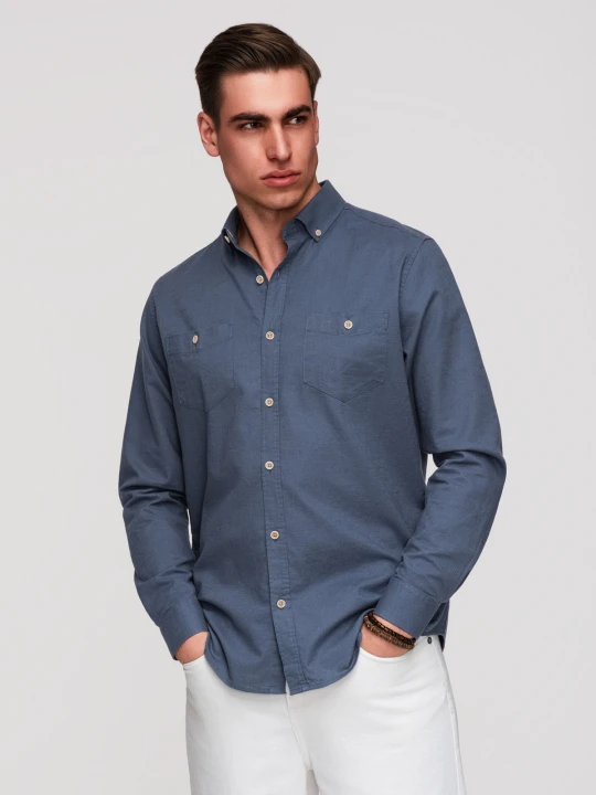 Zdjęcie produktu Męska koszula lniana z klasycznym kołnierzykiem i kieszeniami REGULAR FIT – niebieska V4 Ombre Clothing