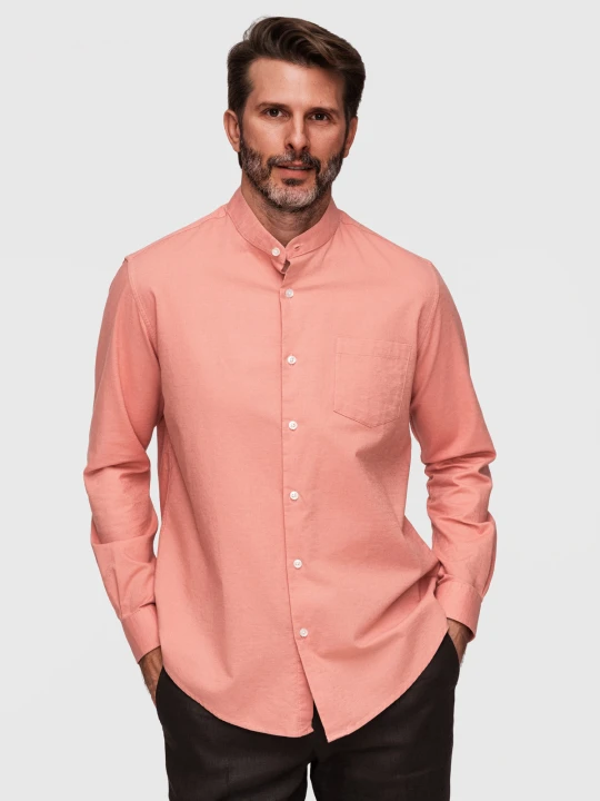 Zdjęcie produktu Męska koszula lniana ze stójką i kieszenią REGULAR FIT – brzoskwiniowa V1 - Rozmiar: XXL Ombre Clothing różowy