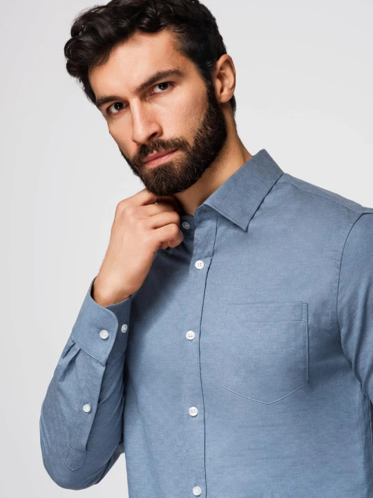 Zdjęcie produktu Męska koszula SLIM FIT z ozdobnej tkaniny z kieszonką – niebieska V1 - Rozmiar: XL Ombre Clothing