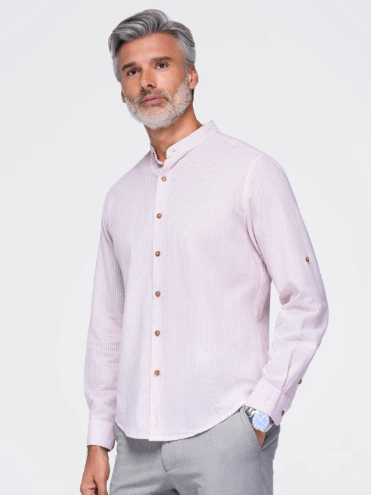 Zdjęcie produktu Męska koszula z lnem w paski ze stójką - biało-różowa V3 - Rozmiar: L Ombre Clothing