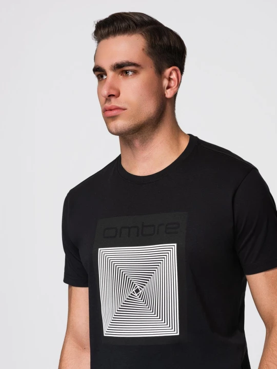 Zdjęcie produktu Męska koszulka bawełniana z geometrycznym nadrukiem - czarna V1 - Rozmiar: XL Ombre Clothing
