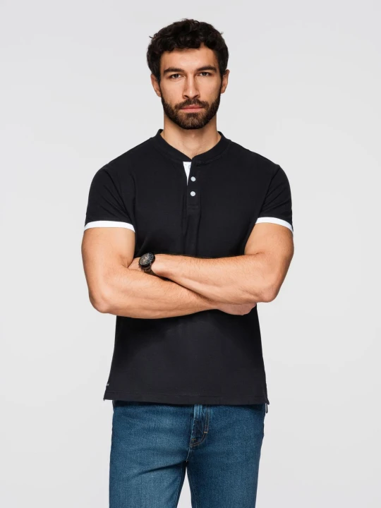Zdjęcie produktu Męska koszulka polo bez kołnierzyka - czarna V8 - Rozmiar: XL Ombre Clothing