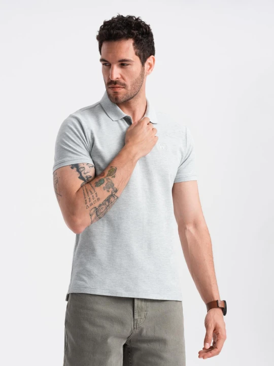 Zdjęcie produktu Męska koszulka polo jednokolorowa BASIC z dzianiny pique - szara V20 - Rozmiar: S Ombre Clothing