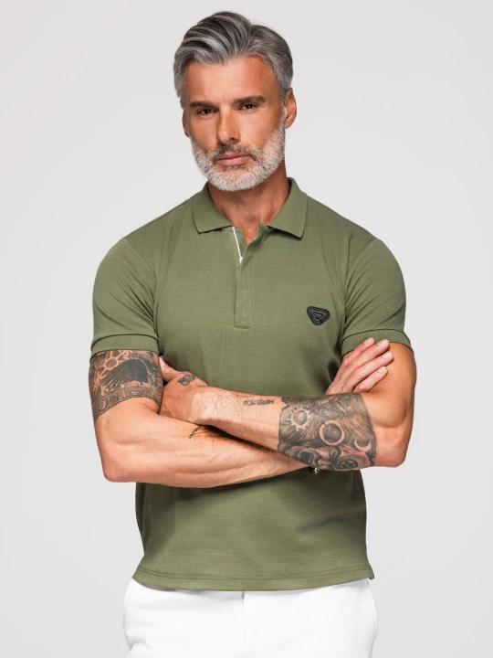 Zdjęcie produktu Męska koszulka polo z dekoltem na zamek - oliwkowa V5 - Rozmiar: L Ombre Clothing oliwkowy