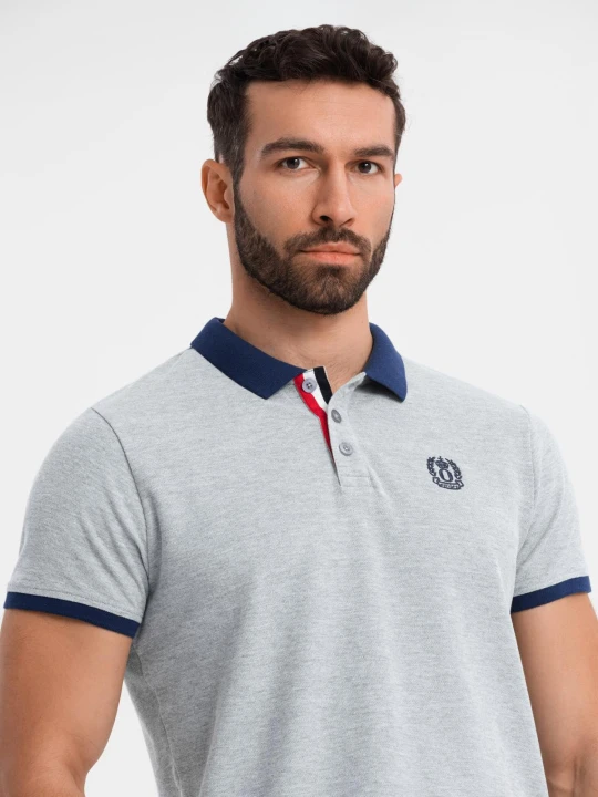 Zdjęcie produktu Męska koszulka polo z kolorowymi akcentami – szary melanż V1 - Rozmiar: S Ombre Clothing