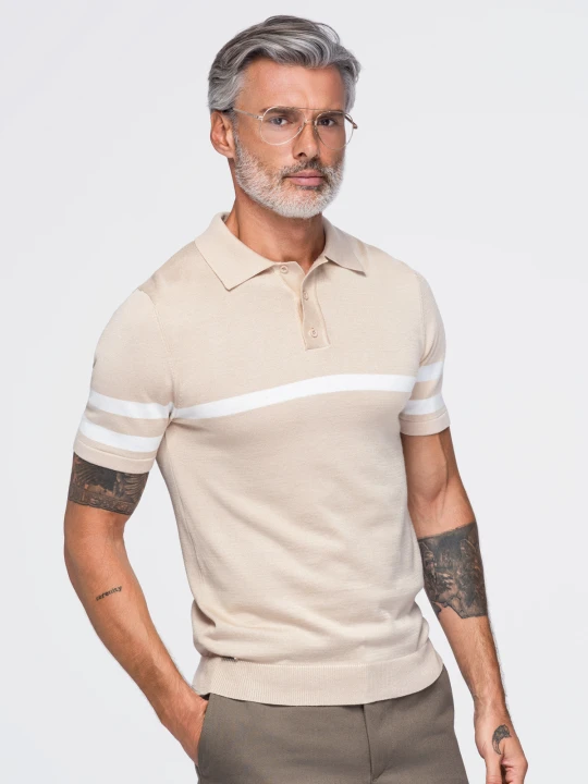 Zdjęcie produktu Męska koszulka polo z miękkiej dzianiny z kontrastowymi pasami - beżowa V4 Ombre Clothing