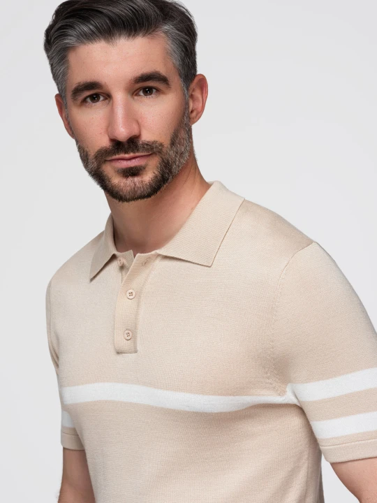 Zdjęcie produktu Męska koszulka polo z miękkiej dzianiny z kontrastowymi pasami - beżowa V4 - Rozmiar: L Ombre Clothing