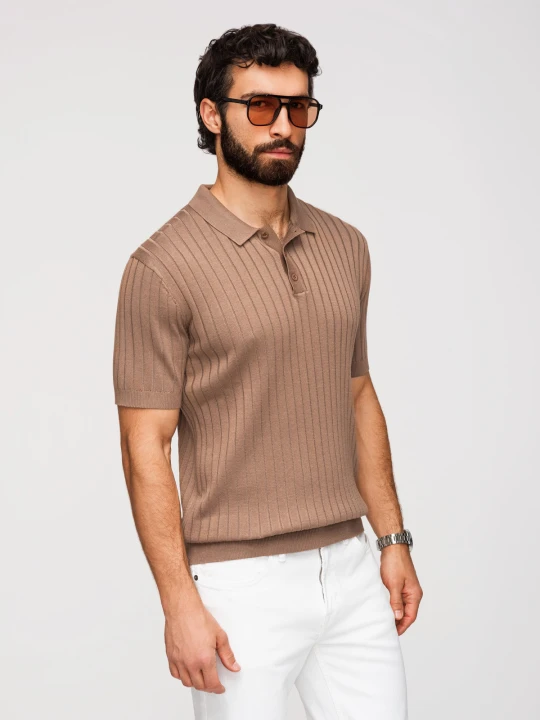 Zdjęcie produktu Męska koszulka polo z wiskozą SLIM FIT w pionowy prążek – jasnobrązowa V5 Ombre Clothing kawowy