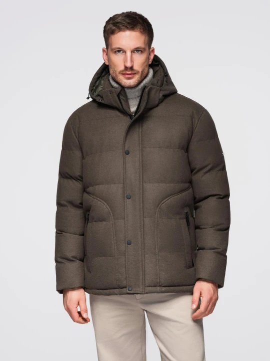 Zdjęcie produktu Męska kurtka casualowa puffer z wełną – ciemnooliwkowy melanż V4 - Rozmiar: XXL Ombre Clothing