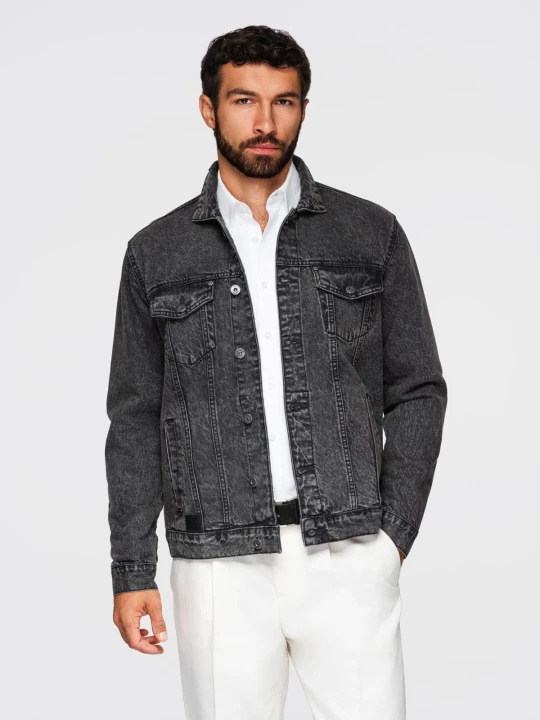 Zdjęcie produktu Męska kurtka jeansowa katana z washem – czarna V3 - Rozmiar: XXL Ombre Clothing