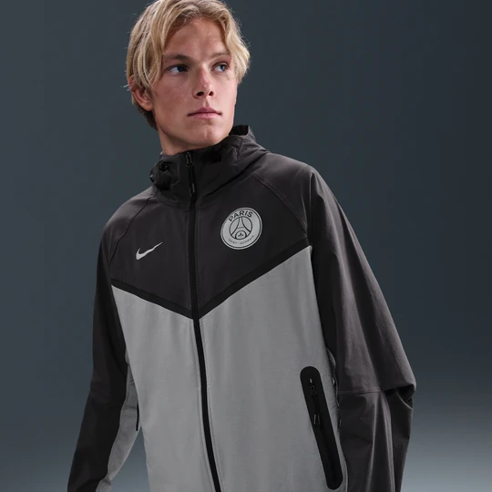 Zdjęcie produktu Męska kurtka piłkarska z tkaniny z zamkiem na całej długości Nike Paris Saint-Germain Tech Windrunner - Szary