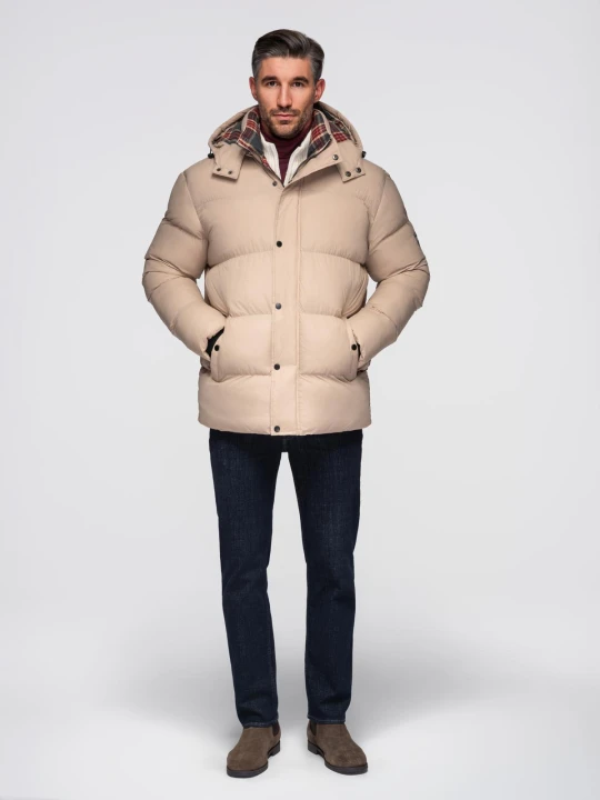 Zdjęcie produktu Męska kurtka puffer z podszewką w kratę – beżowa V2 - Rozmiar: M Ombre Clothing