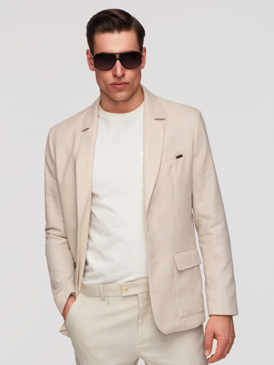 Zdjęcie produktu Męska marynarka o kroju REGULAR z lnem - beżowa V1 - Rozmiar: XL Ombre Clothing