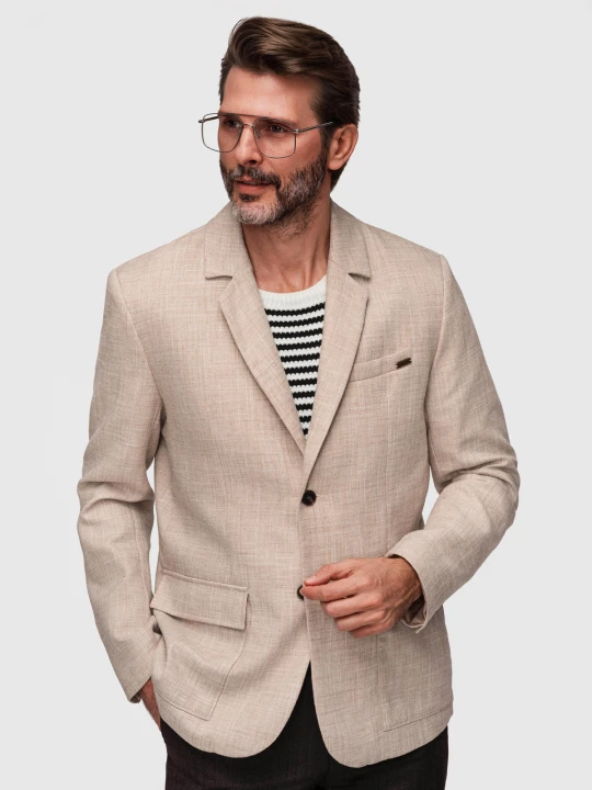 Zdjęcie produktu Męska marynarka o kroju REGULAR z lnem - jasnobeżowa V2 - Rozmiar: L Ombre Clothing jasnobeżowy