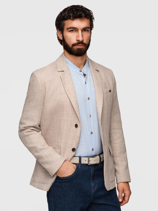 Zdjęcie produktu Męska marynarka o kroju REGULAR z lnem - jasnobeżowa V2 - Rozmiar: XXL Ombre Clothing beżowy