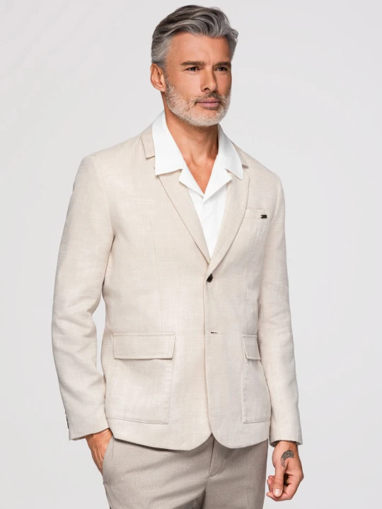 Zdjęcie produktu Męska marynarka o kroju REGULAR z lnem - kremowa V1 Ombre Clothing kremowy