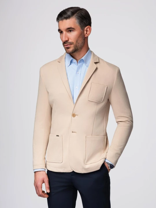 Zdjęcie produktu Męska marynarka SLIM z dzianiny o subtelnej strukturze – beżowa V5 - Rozmiar: M Ombre Clothing