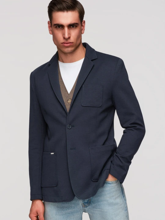 Zdjęcie produktu Męska marynarka SLIM z dzianiny o subtelnej strukturze – granatowa V3 - Rozmiar: L Ombre Clothing