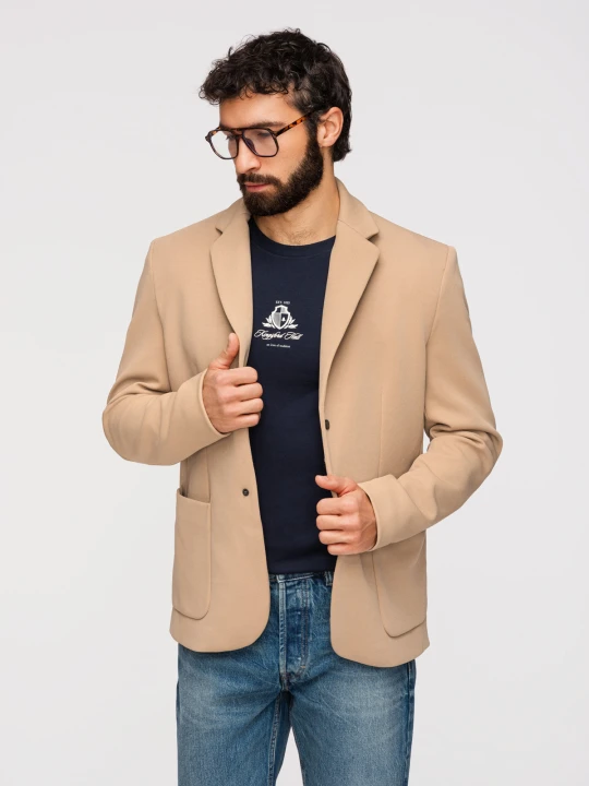 Zdjęcie produktu Męska marynarka z podpinką z wysokim kołnierzem i kapturem – jasnobrązowa V1 Ombre Clothing jasnobrązowy