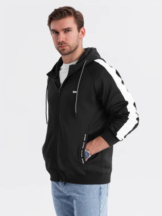 Zdjęcie produktu Męska rozpinana bluza z kapturem i lampasami - czarna V1 - Rozmiar: M Ombre Clothing