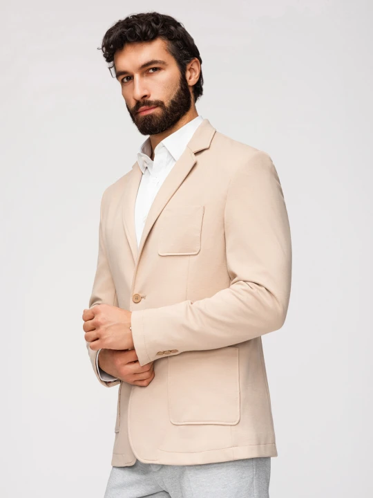 Zdjęcie produktu Męska slimowana marynarka SLIM z dzianiny o subtelnej strukturze – beżowa V5 - Rozmiar: XXL Ombre Clothing