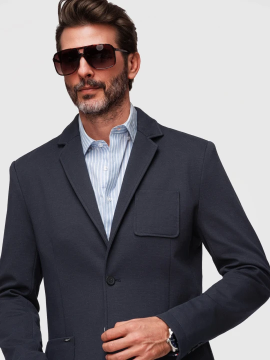 Zdjęcie produktu Męska slimowana marynarka SLIM z dzianiny o subtelnej strukturze – granatowa V3 - Rozmiar: XXL Ombre Clothing