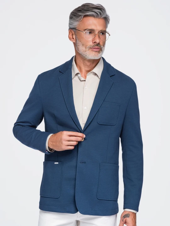 Zdjęcie produktu Męska slimowana marynarka SLIM z dzianiny o subtelnej strukturze – niebieska V6 - Rozmiar: S Ombre Clothing
