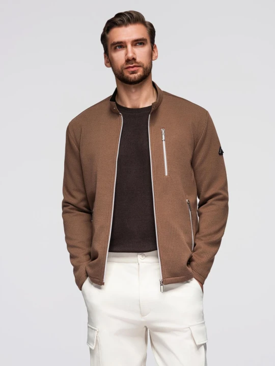 Zdjęcie produktu Męska strukturalna kurtka biker ze stójką – brązowa V2 - Rozmiar: XL Ombre Clothing