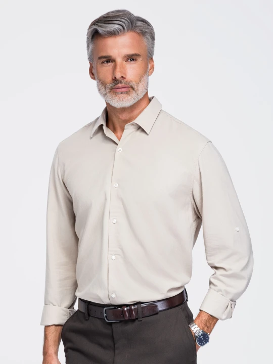 Zdjęcie produktu Męska wiskozowo-lniana koszula o kroju regular - beżowa V1 - Rozmiar: XXL Ombre Clothing jasny szary