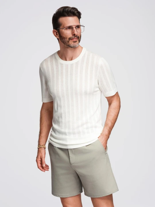 Zdjęcie produktu Męski ażurowy sweter z okrągłym dekoltem i krótkim rękawem – biały V1 - Rozmiar: XXL Ombre Clothing