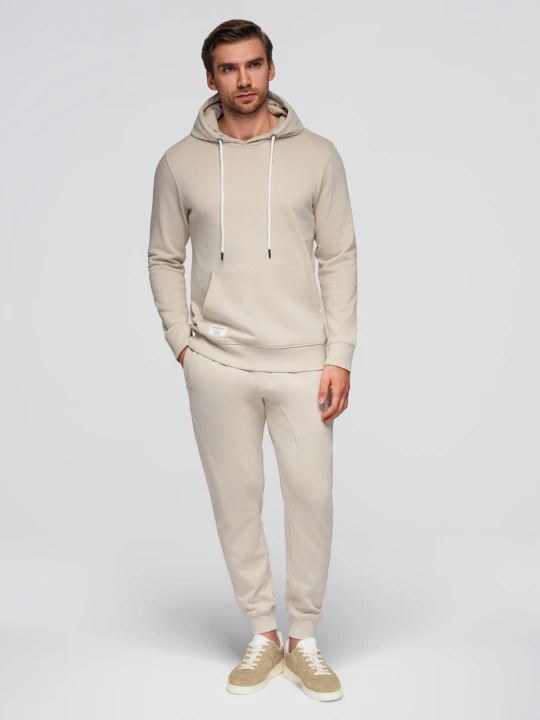 Zdjęcie produktu Męski bawełniany komplet dresowy bluza kangurka + spodnie joggery - jasnobeżowy V1 - Rozmiar: XXL Ombre Clothing
