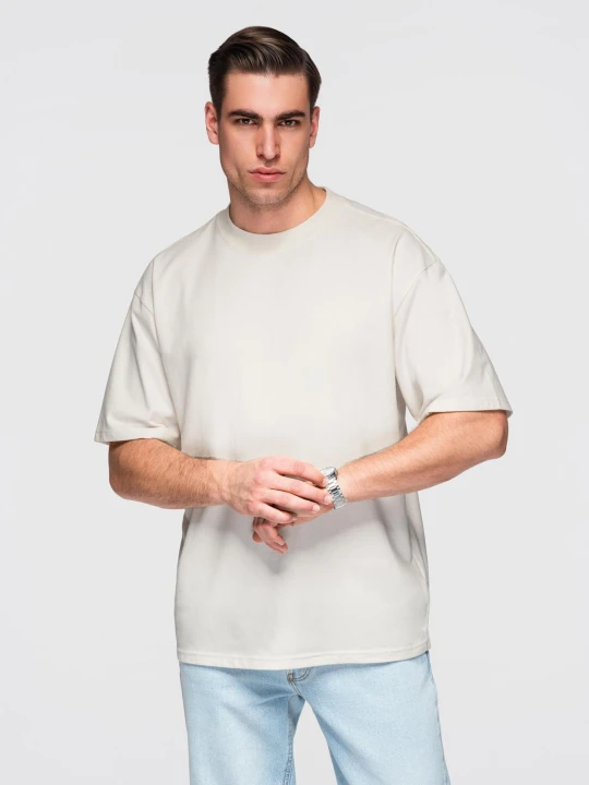 Zdjęcie produktu Męski bawełniany t-shirt LOOSE FIT z okrągłym dekoltem – ecru V2 - Rozmiar: XL Ombre Clothing