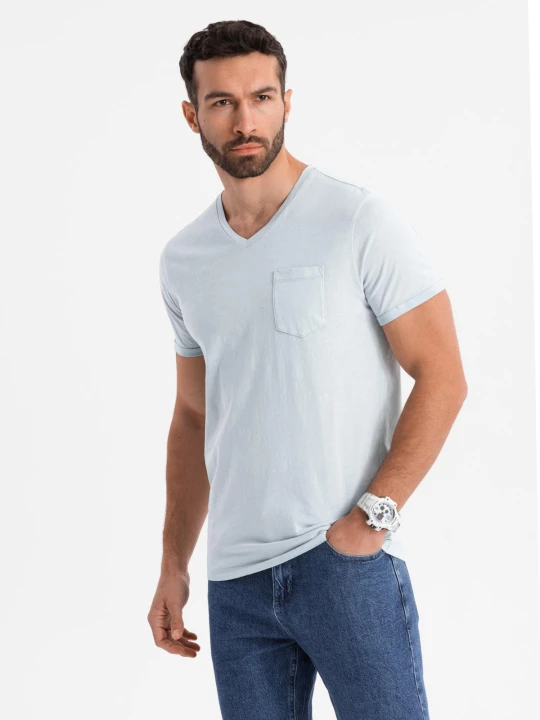 Zdjęcie produktu Męski bawełniany t-shirt V-neck z dzianiny z efektem sprania - szary V8 Ombre Clothing