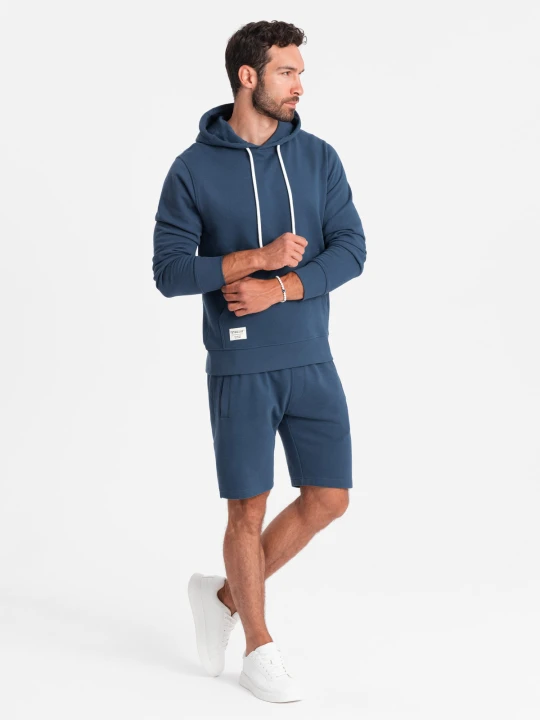 Zdjęcie produktu Męski dresowy komplet bluza kangurka + szorty – ciemnoniebieski V4 - Rozmiar: S Ombre Clothing