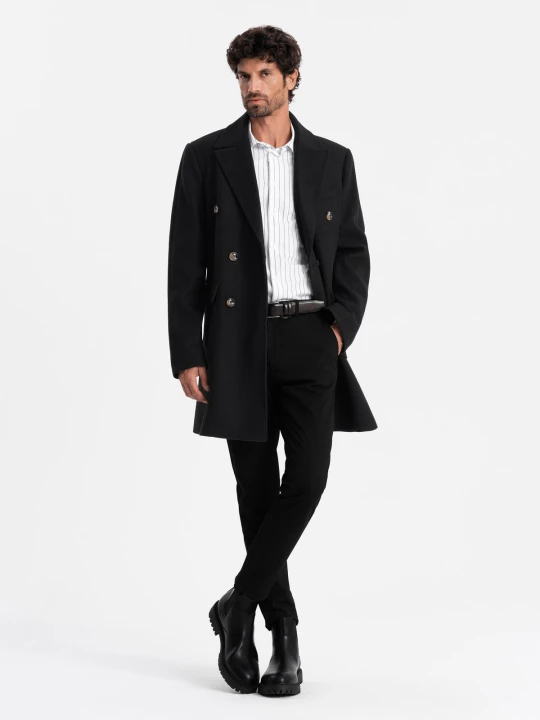 Zdjęcie produktu Męski dwurzędowy płaszcz z ozdobnymi guzikami – czarny V2 - Rozmiar: S Ombre Clothing