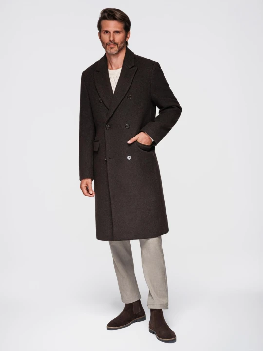 Zdjęcie produktu Męski dwurzędowy płaszcz z wełną - ciemnobrązowy V3 - Rozmiar: S Ombre Clothing