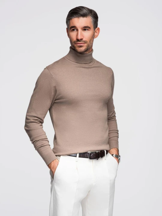 Zdjęcie produktu Męski dzianinowy golf z wiskozą – ciemnobeżowy melanż V3 - Rozmiar: L Ombre Clothing