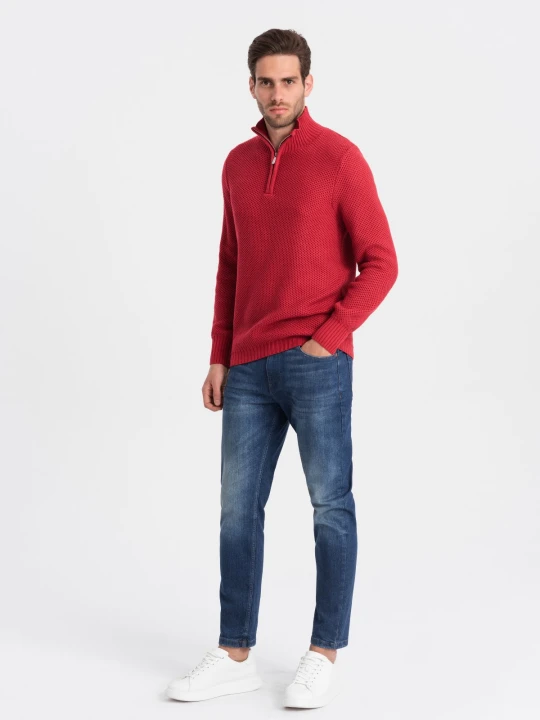 Zdjęcie produktu Męski dzianinowy sweter z rozpinaną stójką - czerwony V8 - Rozmiar: L Ombre Clothing